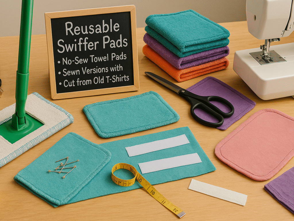 DIY reusable Swiffer pads made from towels, T-shirts, and fabric scraps with sewing tools and Velcro strips displayed on a crafting table next to a Swiffer mop.