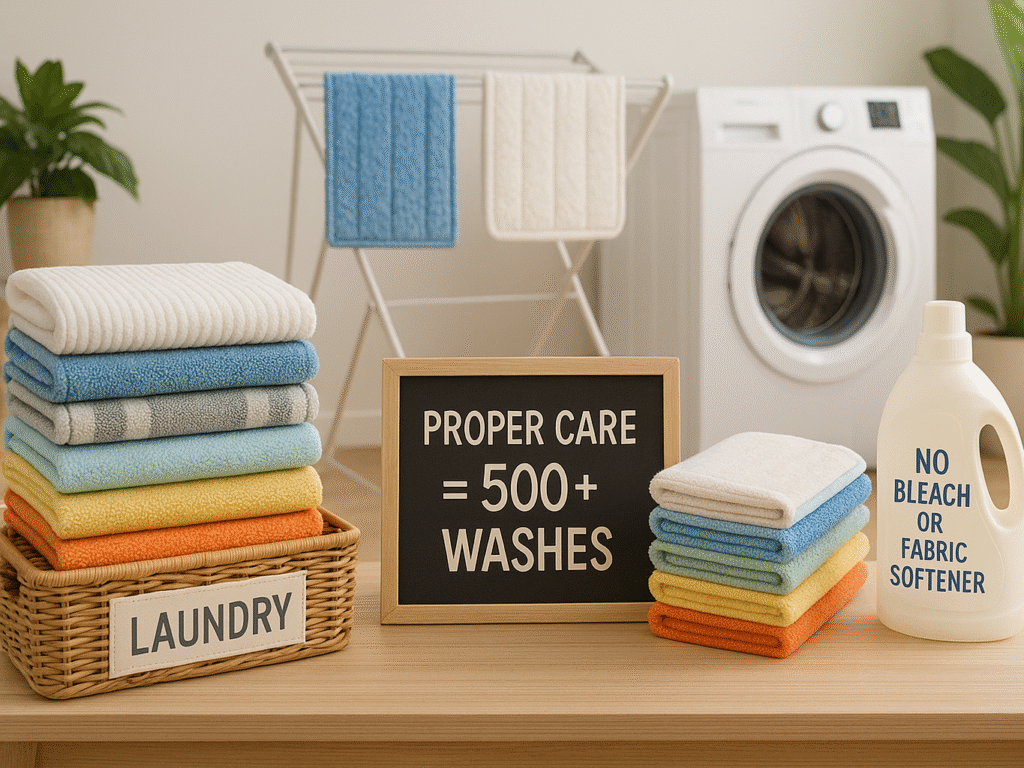 A clean, sunlit laundry room with folded reusable Swiffer pads, an open washer, drying rack, and a detergent labeled "No Bleach or Fabric Softener." A chalkboard reads "Proper Care = 500+ Washes," with green plants adding an eco-friendly touch.