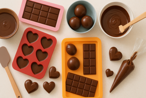 Homemade chocolate bars, spheres, and hearts in silicone molds on a kitchen counter, surrounded by melted chocolate and tools.