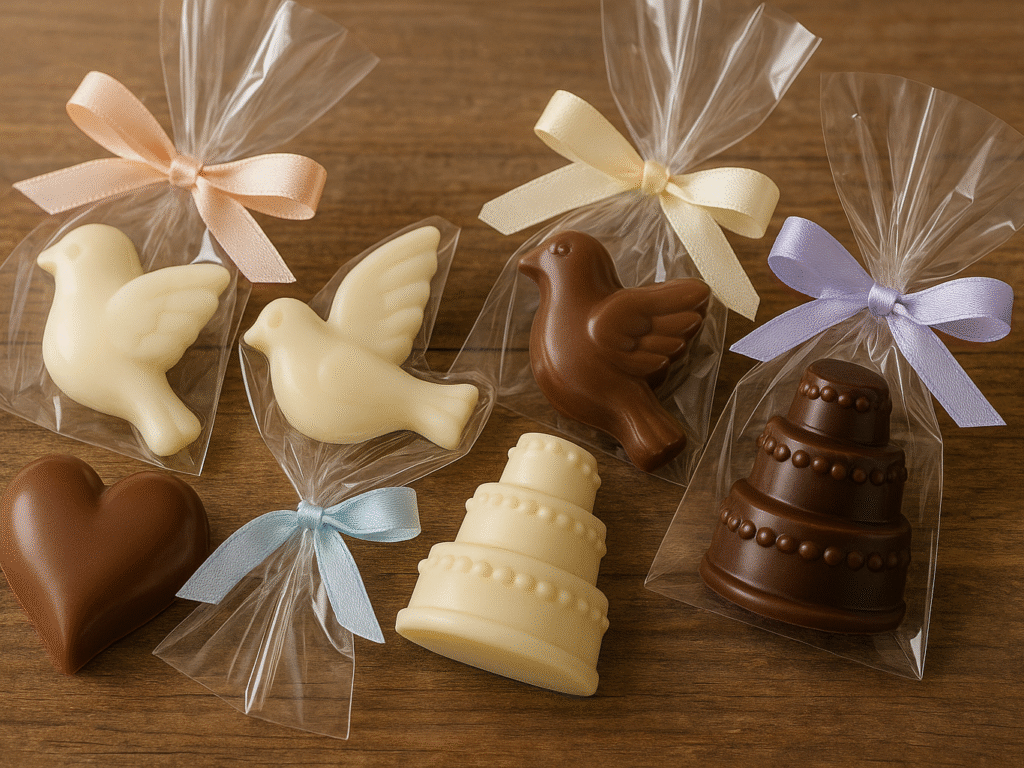 Elegant molded chocolates shaped like hearts, doves, and miniature cakes arranged as wedding favors, wrapped in clear cellophane with decorative ribbons on a rustic wooden table.