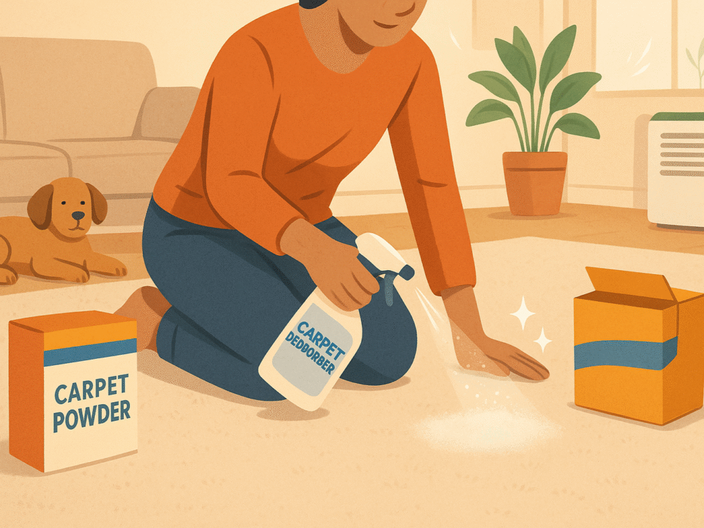 Illustration of a person cleaning a carpet with deodorizing spray, with a box of carpet powder nearby, in a fresh and tidy living room setting with a pet in the background.

