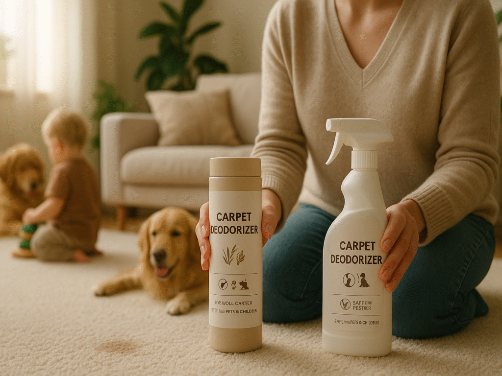 Person kneeling on a carpeted floor holding two deodorizing products—one spray and one powder—while comparing labels. A pet and child are nearby, and natural light fills the room, suggesting a safe and family-friendly environment.