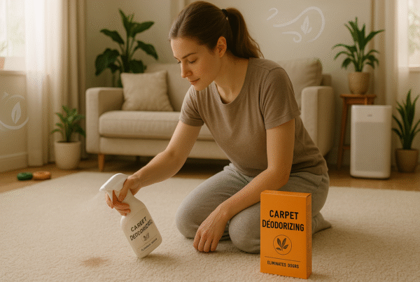 A young woman kneels on a beige carpet in a bright, tidy living room, spraying a deodorizer on a small stain. A box of carpet powder sits beside her. The space includes houseplants, pet toys, and natural light, reflecting a fresh, clean atmosphere.