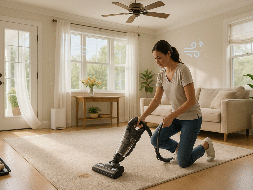 A bright, airy living room with clean carpets, a woman vacuuming methodically, and visible signs of ventilation like open windows and a ceiling fan. A dehumidifier, houseplants, and a pair of shoes by the door support the message of odor prevention and freshness.
