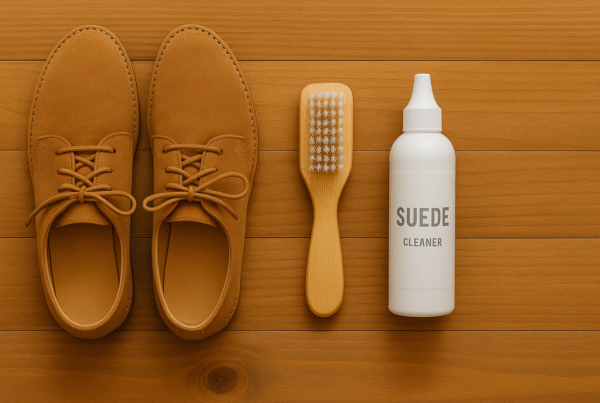 Flat-lay of suede shoes and cleaning tools on a wooden table