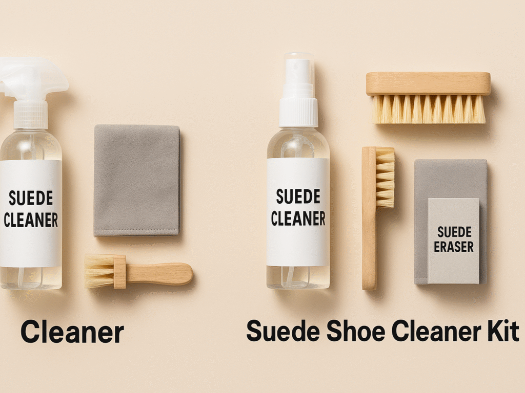 Side-by-side view of a basic suede cleaner and a full suede cleaning kit, each with labeled tools on a soft beige background.