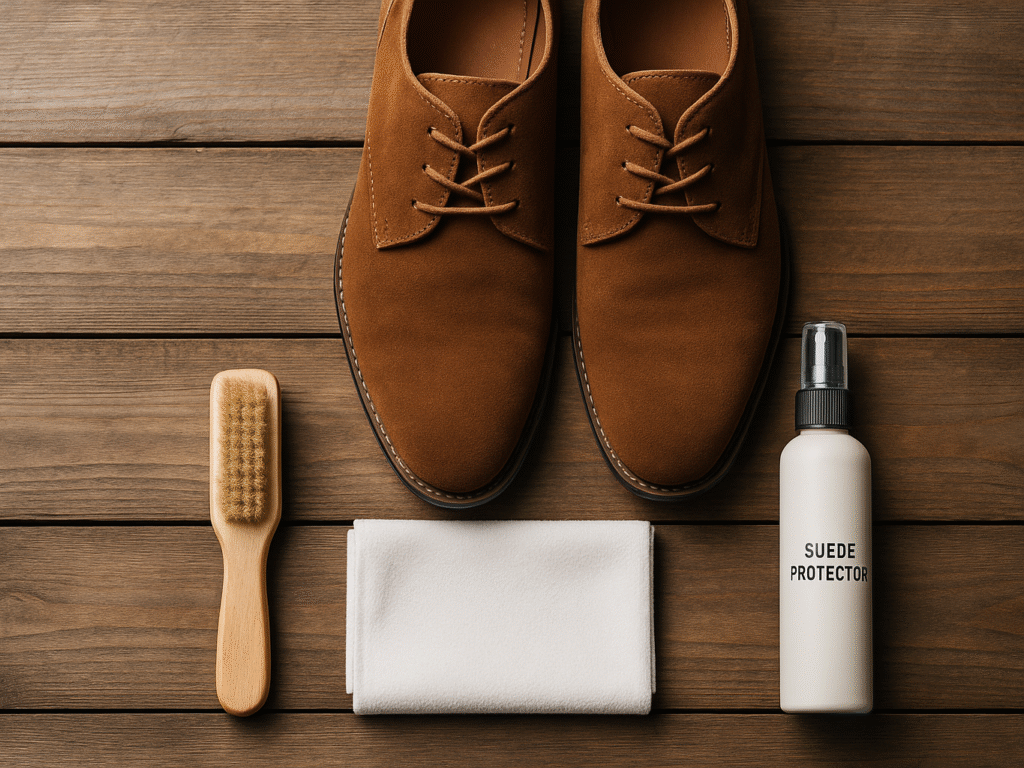 A neatly arranged flat-lay of suede shoes, suede cleaner kit with brush and spray, and a soft cloth on a wooden surface, bathed in natural light, symbolizing suede shoe care.
