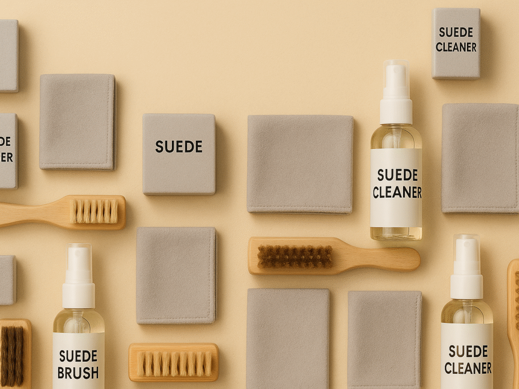 Flat lay of several suede shoe cleaner kits and bottles neatly arranged on a beige background, showing brushes, cloths, and erasers for easy comparison.