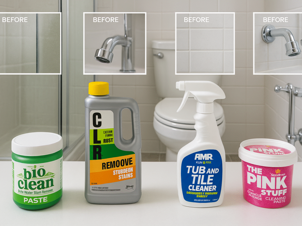 Realistic scene showing various hard water stain remover products like Bio Clean, CLR, RMR, and The Pink Stuff placed on a bathroom countertop. Each product is shown near the surface it’s best suited for—glass shower doors, toilet fixtures, grout lines, and chrome taps—with visible before-and-after cleaning results.