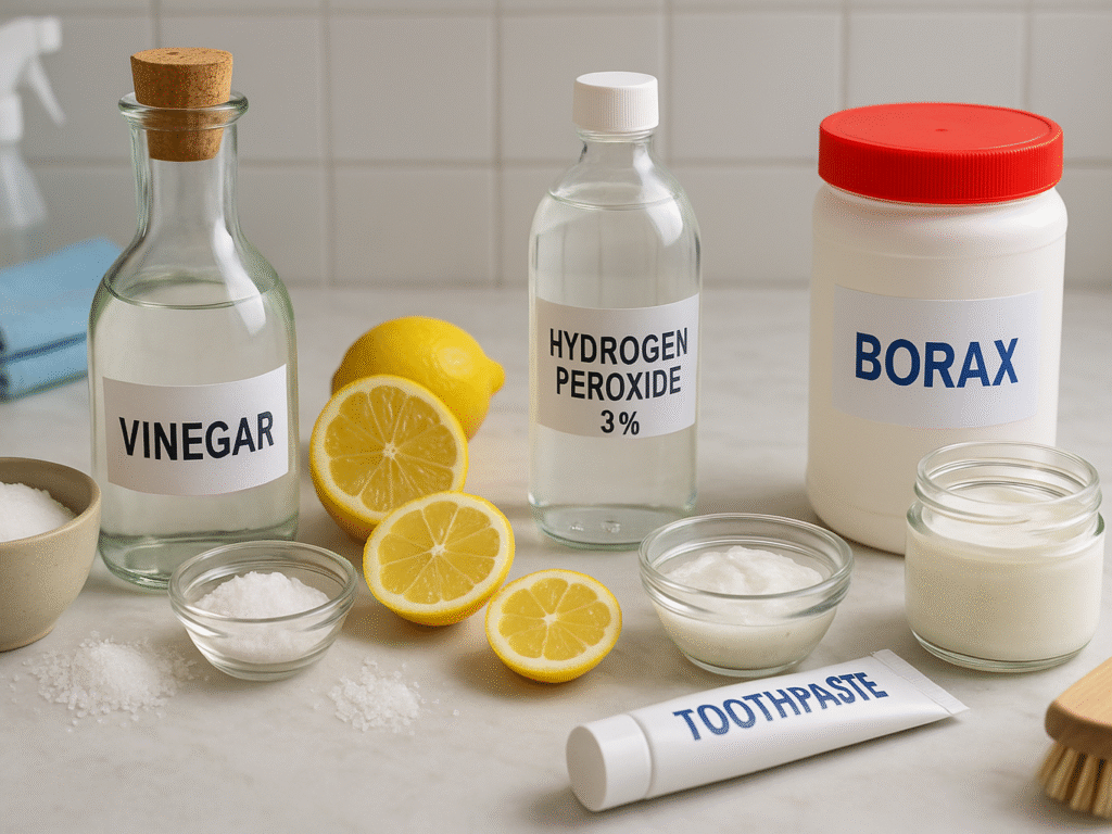 Homemade cleaning ingredients like vinegar, baking soda, lemons, salt, toothpaste, hydrogen peroxide, and borax arranged neatly on a kitchen or bathroom counter. Each is paired with a labeled container or bowl, representing natural hard water stain remover options in a clean, well-lit setting.