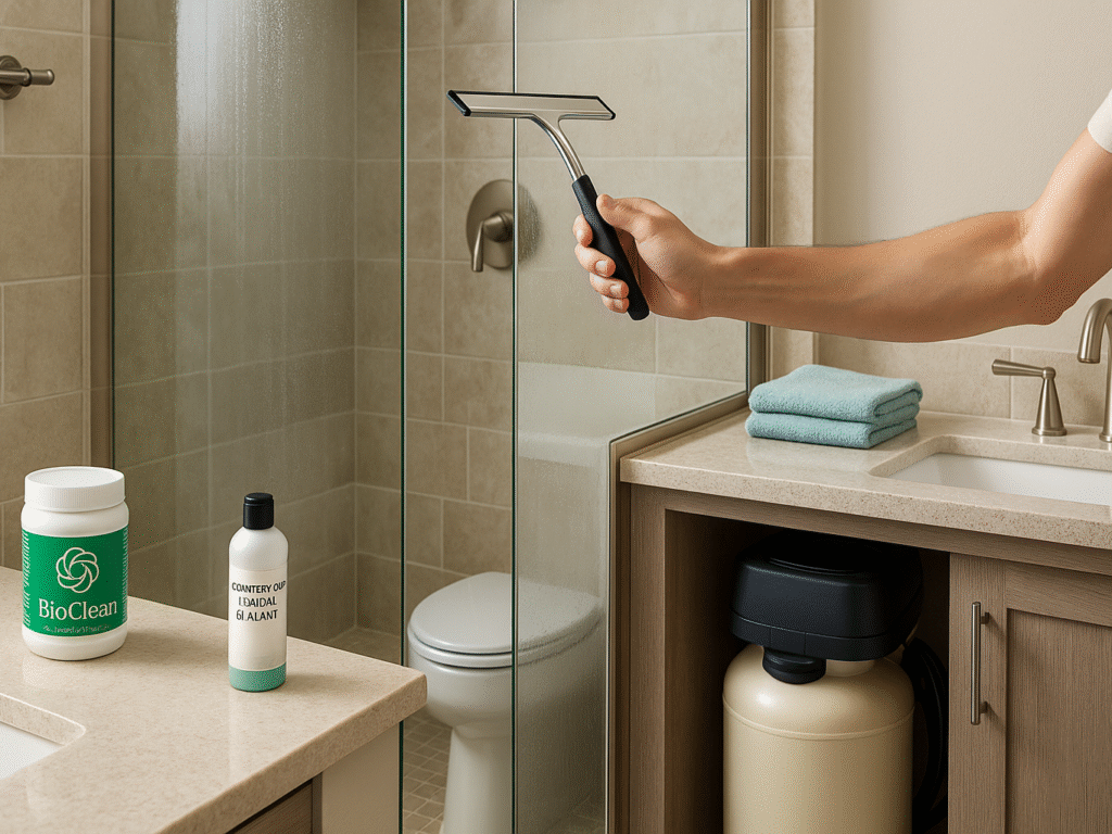 A modern bathroom setting showing a person using a squeegee on a glass shower door while a water softener unit is installed under the sink. The image includes soft natural lighting, microfiber towels, and a bottle of sealant placed on a nearby counter, illustrating practical tools to prevent hard water stains.