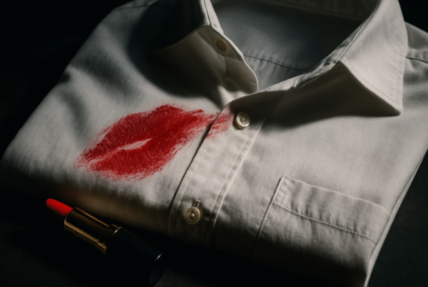 Artistic close-up of a vivid red lipstick smear across a white shirt with dramatic lighting, symbolizing a makeup mishap.