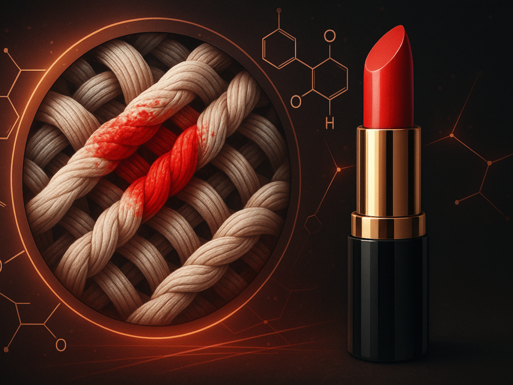 Conceptual image of red lipstick and a magnified view of fabric fibers stained with color, blending beauty and science.