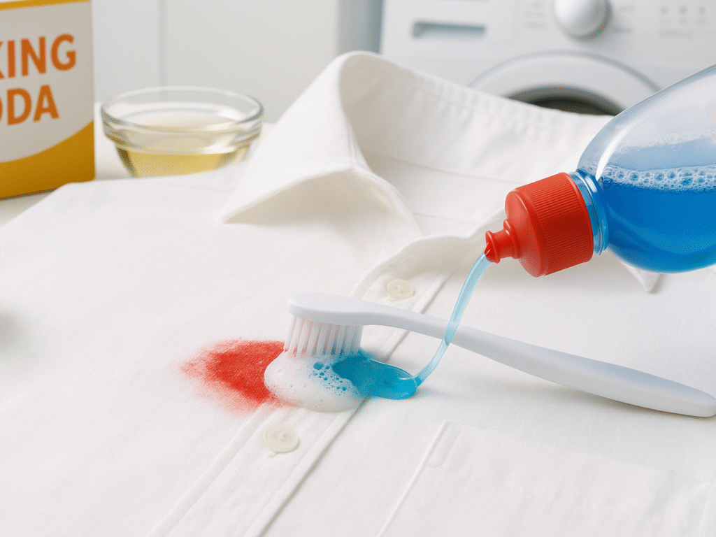 A modern editorial-style image of a red lipstick stain on a white cotton shirt being treated with dish soap, baking soda, and a toothbrush, with a washing machine and cleaning tools in the background.