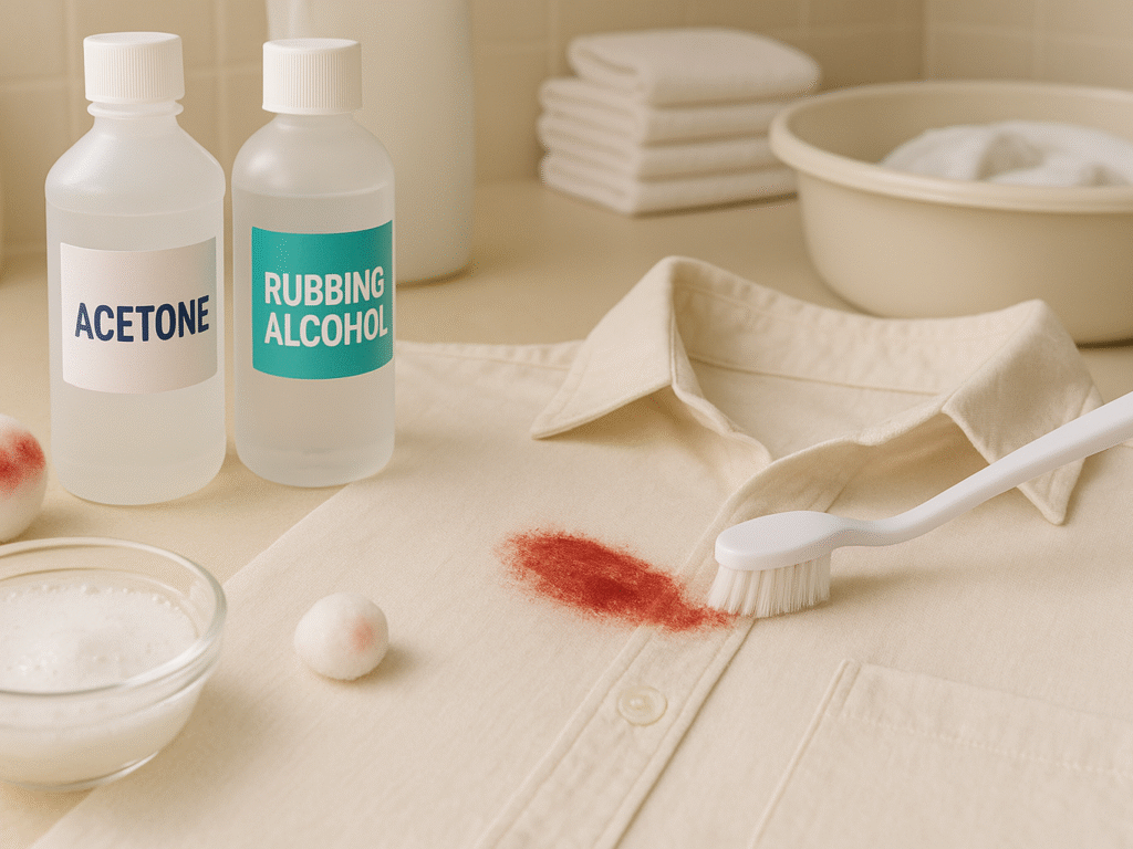 A close-up of a dried red lipstick stain being treated with acetone and rubbing alcohol on a light-colored shirt, featuring tools like a cotton ball, soft toothbrush, and baking soda paste in a laundry room setting.