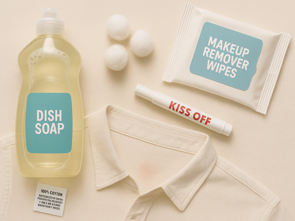 A flat lay of various lipstick stain removal tools—including dish soap, makeup remover wipes, cotton balls, and a stain remover pen—arranged next to a care label and a shirt with a faded lipstick mark, symbolizing successful cleaning.