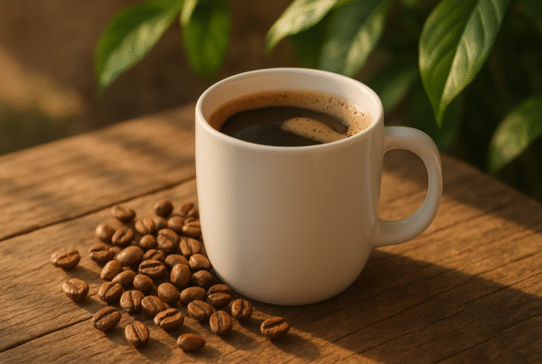 A clean, inviting cup of steaming coffee on a rustic wooden table, surrounded by fresh coffee beans and greenery, symbolizing purity and natural quality.