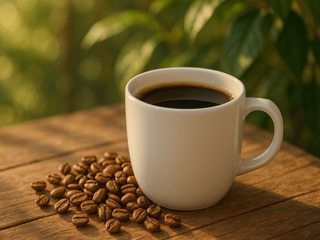 White coffee cup with black coffee on a rustic table, surrounded by coffee beans and soft greenery in the background.