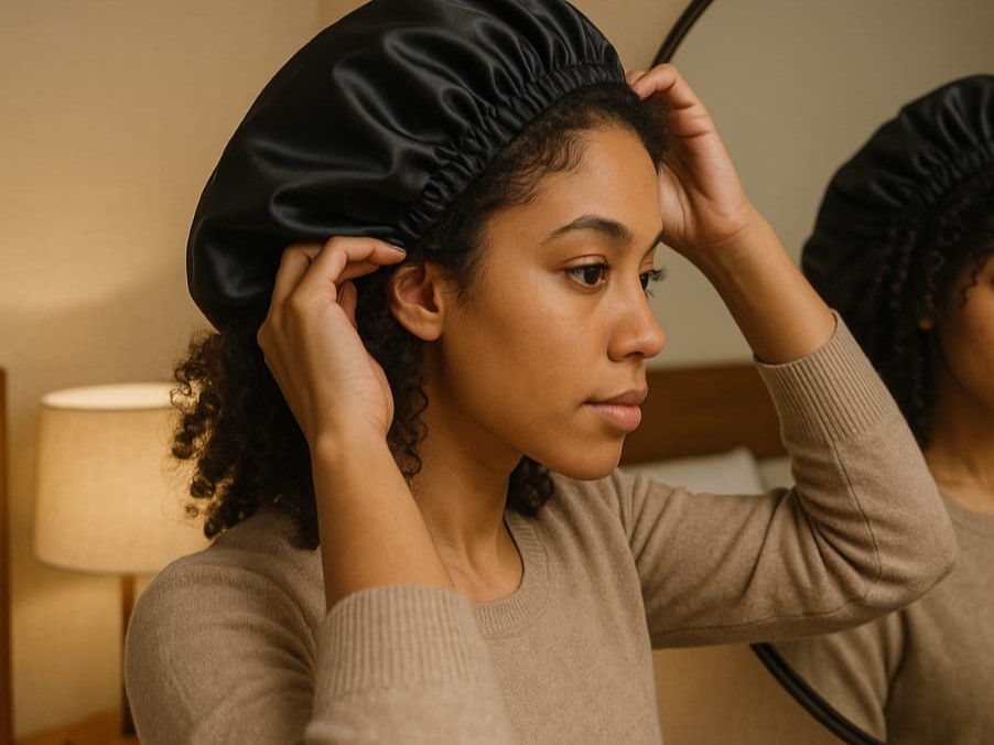 A woman with curly hair putting on a silk bonnet in front of a mirror as part of her nighttime curl care.