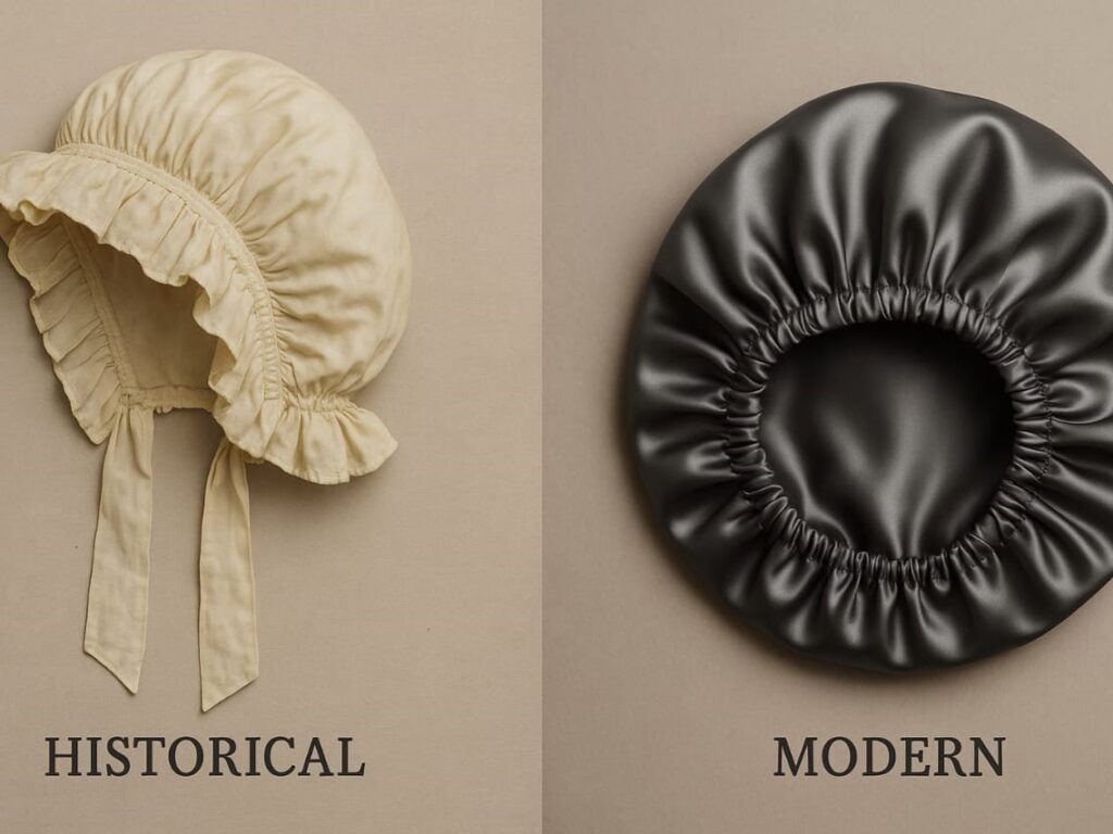 Side-by-side comparison of an old-fashioned bonnet and a modern silk bonnet to show historical evolution.