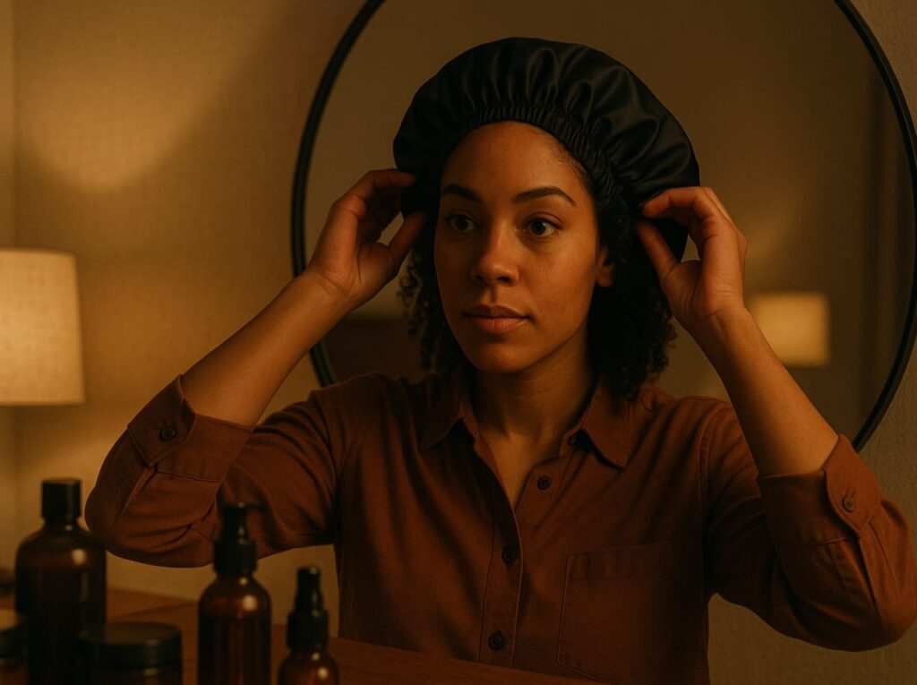 A confident woman looking into a mirror while adjusting her silk bonnet, surrounded by hair care products and soft lighting, symbolizing self-care and empowerment.