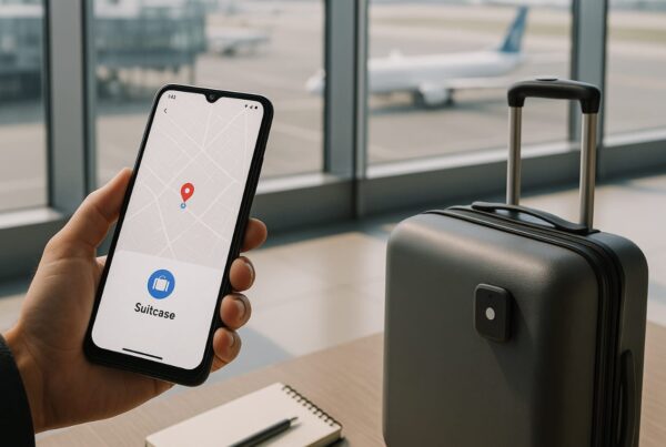 A person holding a smartphone with a luggage tracking app open, standing next to a suitcase in an airport terminal. A digital map with a tracking pin is visible on the phone screen.