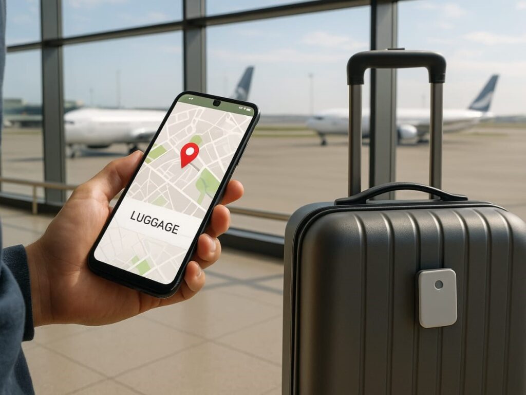 A traveler stands in an airport terminal holding a smartphone with a luggage tracking app open. The phone screen shows a digital map with a red GPS pin. A carry-on suitcase sits beside them near a large window overlooking the runway.