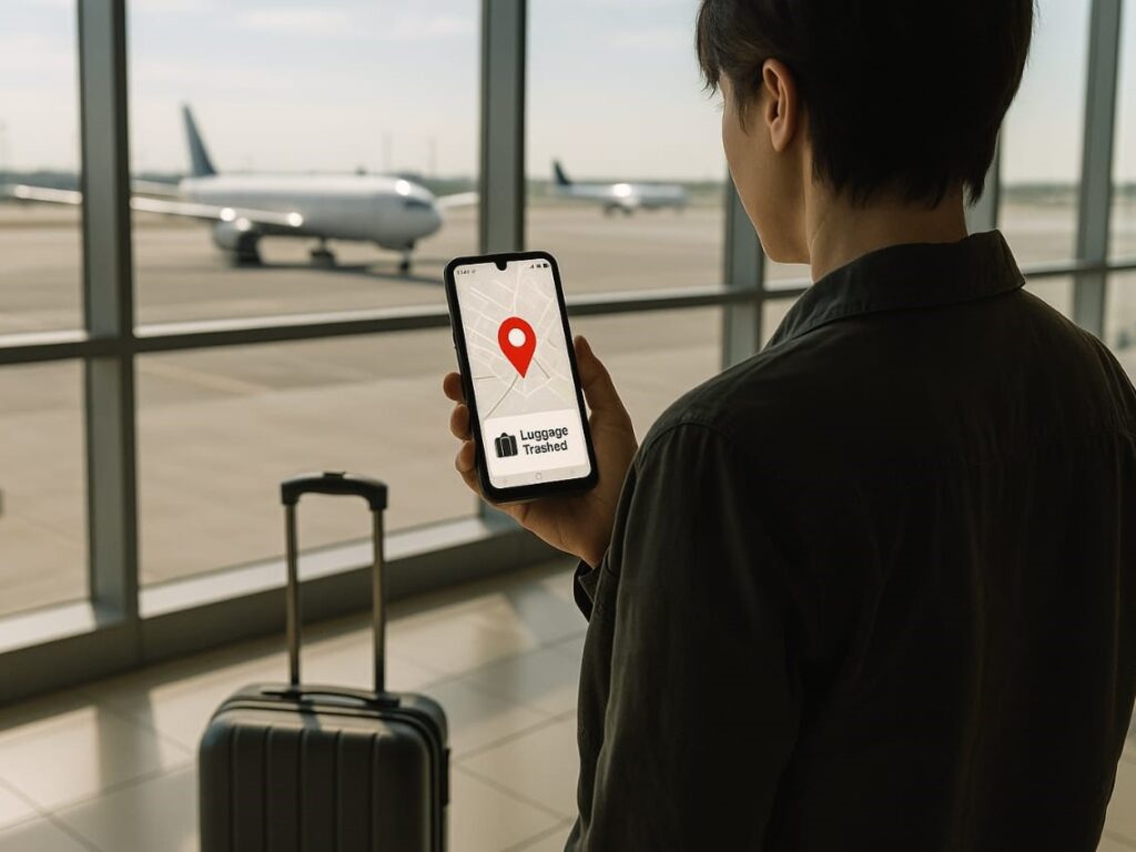A traveler in an airport terminal holds a smartphone displaying a luggage tracking app with a digital map and red GPS pin. A carry-on suitcase rests beside them, with large windows in the background showing the runway and aircraft.