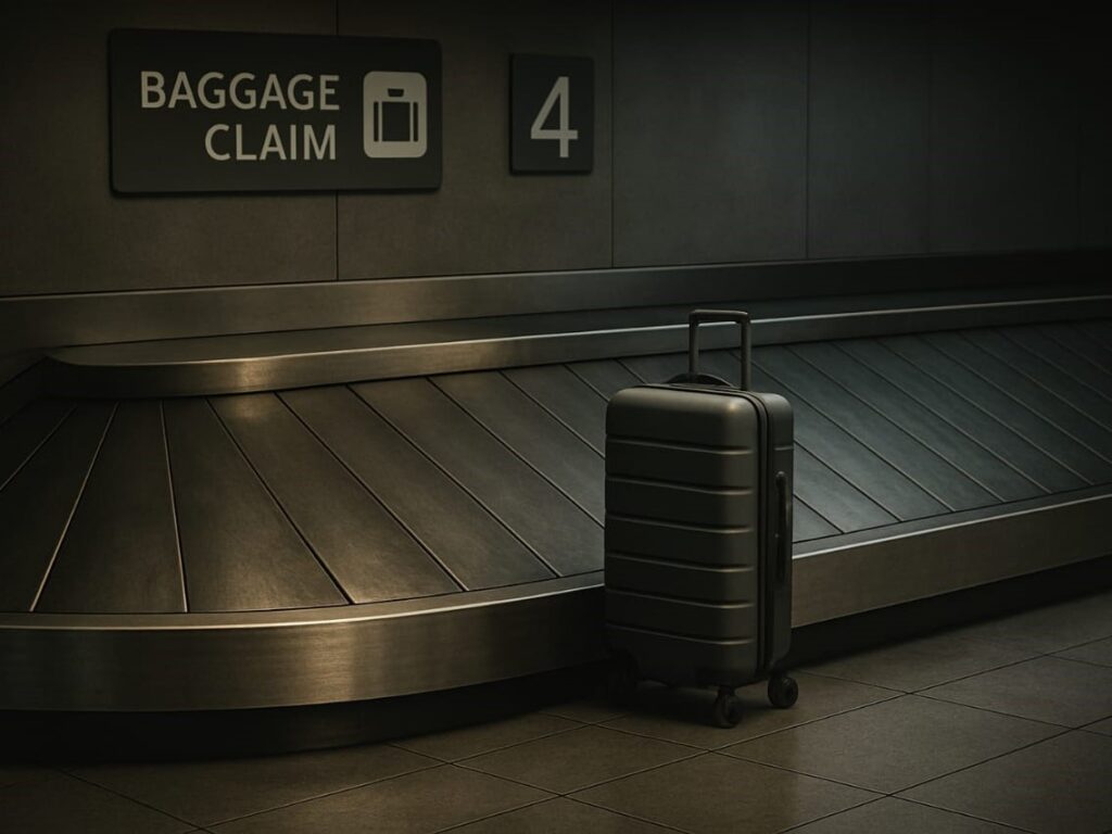 An overhead view of an unclaimed suitcase spinning alone on an airport baggage carousel. The surrounding area is empty, highlighting the issue of lost or delayed luggage.