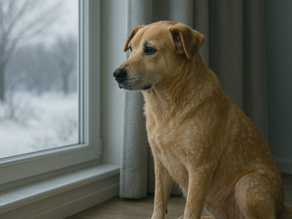 A dog sitting indoors by a window on a cold winter day, looking out. The dog's fur appears dry and flaky. Outside, snow or dry wind is visible, suggesting harsh weather conditions affecting the pet’s skin.