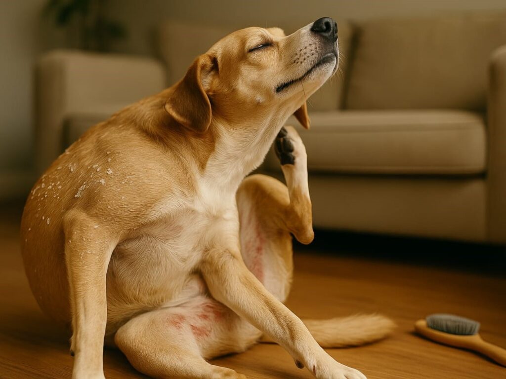 A close-up of a dog with visible white flakes on its fur and red patches of irritated skin. The dog is scratching behind its ear with its hind leg, showing signs of discomfort. The background includes a cozy indoor setting with a brush on the floor.