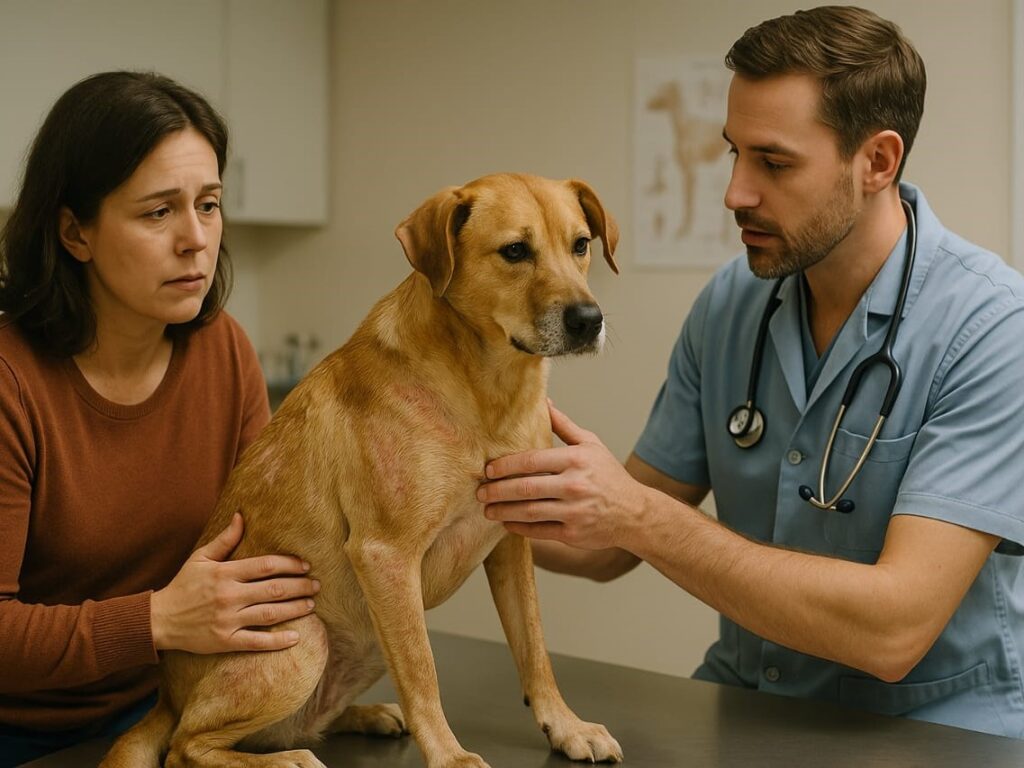 A concerned pet owner sits with their dog in a veterinary clinic. The dog has visible skin irritation and patchy hair loss. A veterinarian gently examines the dog’s skin while discussing symptoms with the owner.
