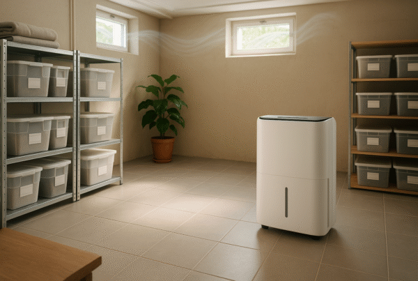 A clean, freshly aired-out basement with open windows, a dehumidifier, and storage shelves neatly organized.