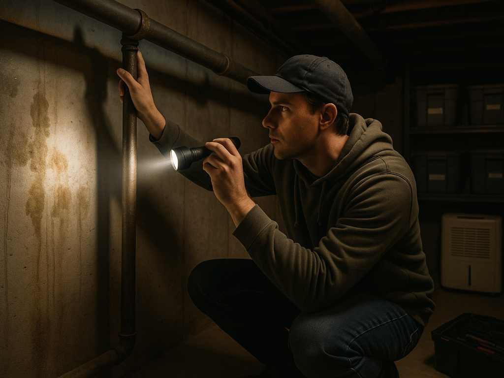 A basement with visible signs of moisture inspection, showing a flashlight checking pipes and walls for leaks and mold.