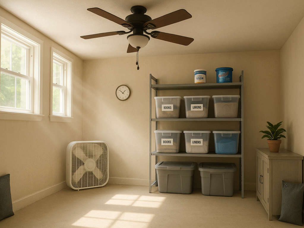A well-maintained basement with fans, open windows, and odor absorbers placed around the room to prevent musty smells.