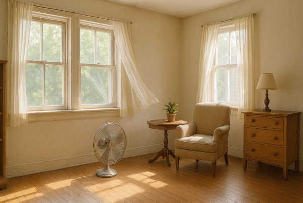 A cozy, sunlit room in an older home being aired out with open windows .
