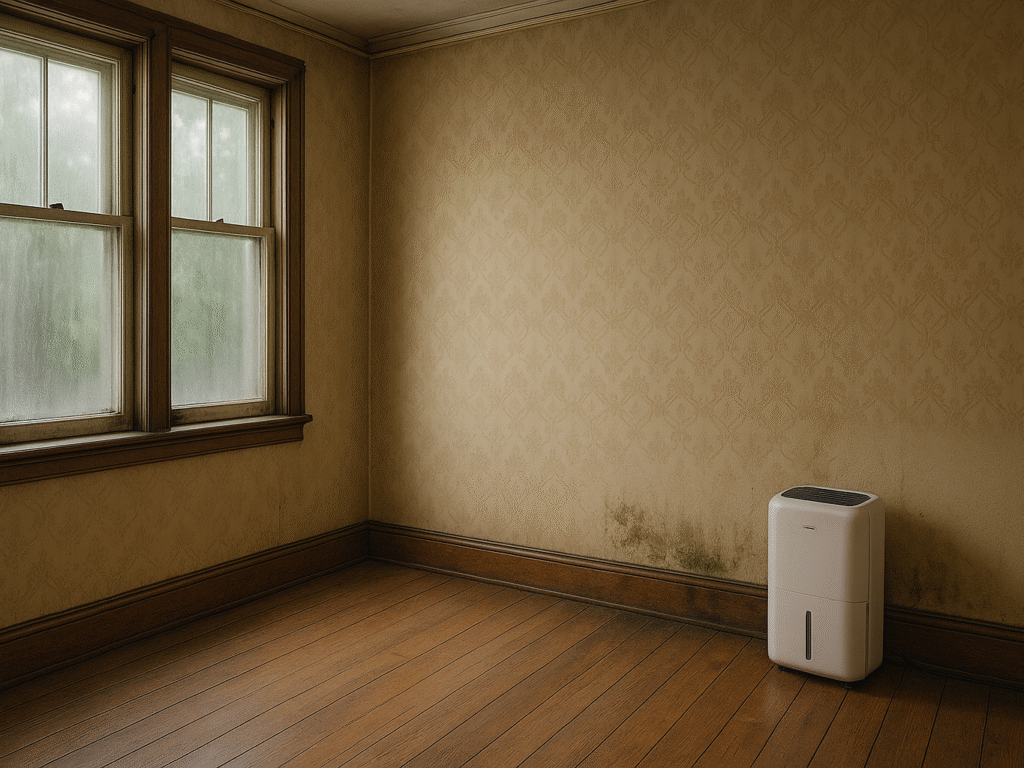 An old home interior showing subtle signs of dampness and mold. A dehumidifier placed near a wall.