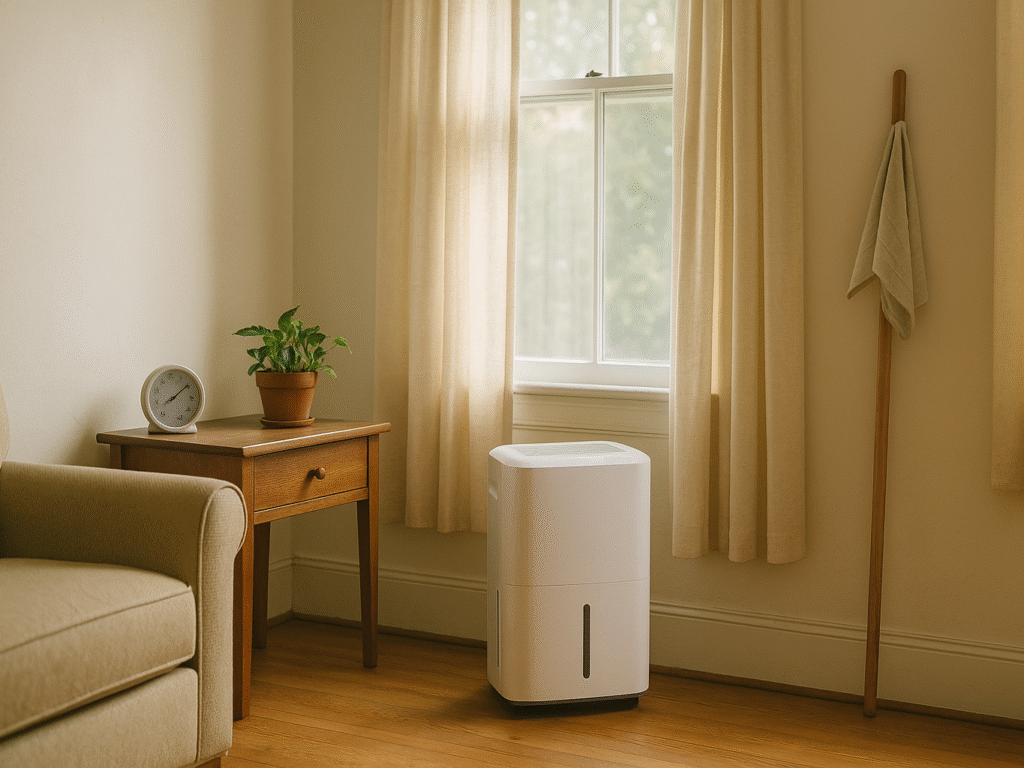 A homeowner using a dehumidifier in a clean, older home to remove moisture and prevent mold.