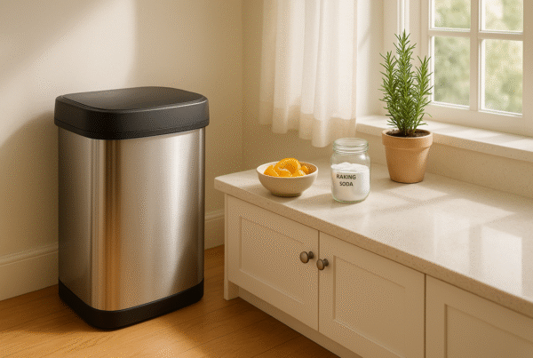 A clean kitchen corner with a lidded trash can nearby.