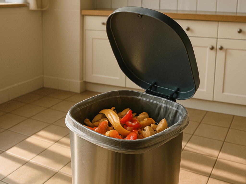 Close-up of an open trash can with food scraps inside.

