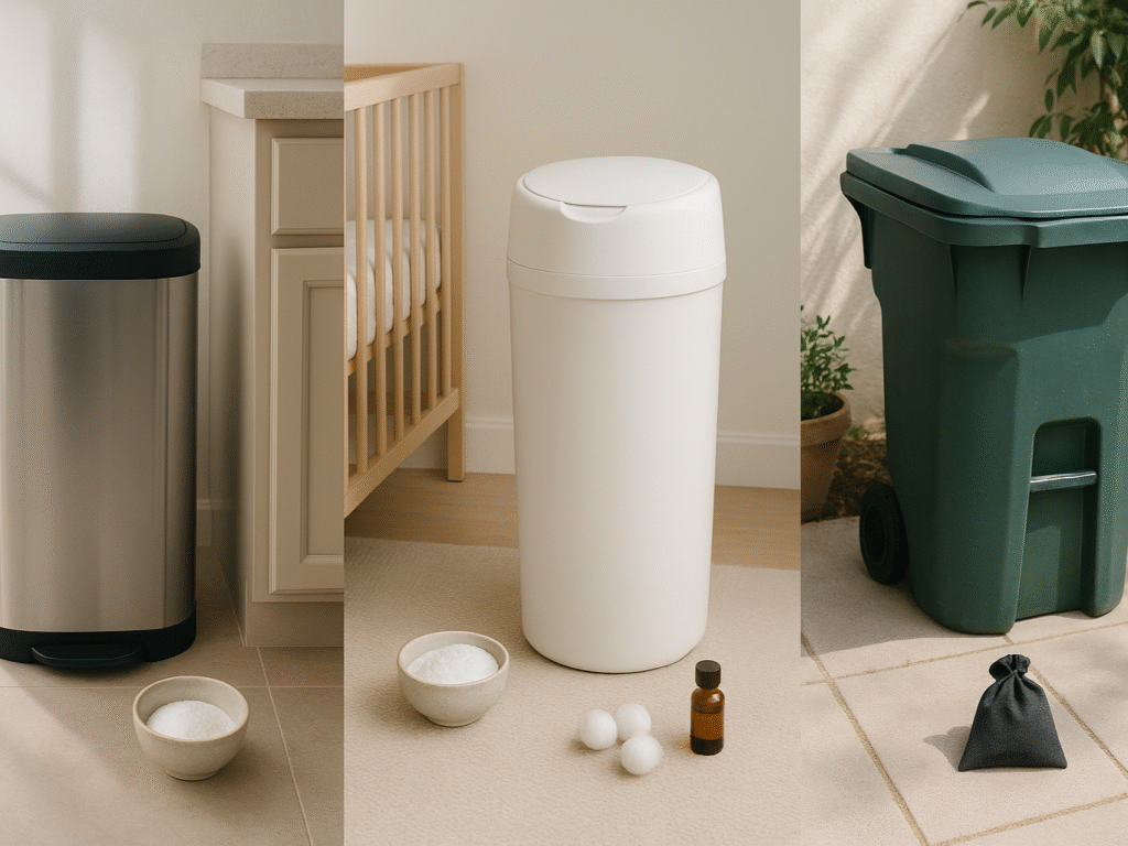 Various trash bins—kitchen, diaper, and outdoor—lined up, each with subtle odor-fighting tools like baking soda, charcoal, and essential oils nearby.


