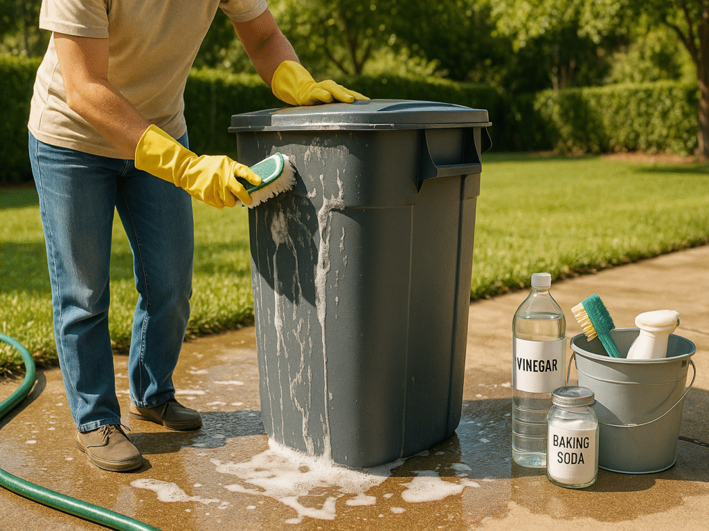 A person cleaning a large trash bin outdoors with gloves on, surrounded by soap suds and a hose.