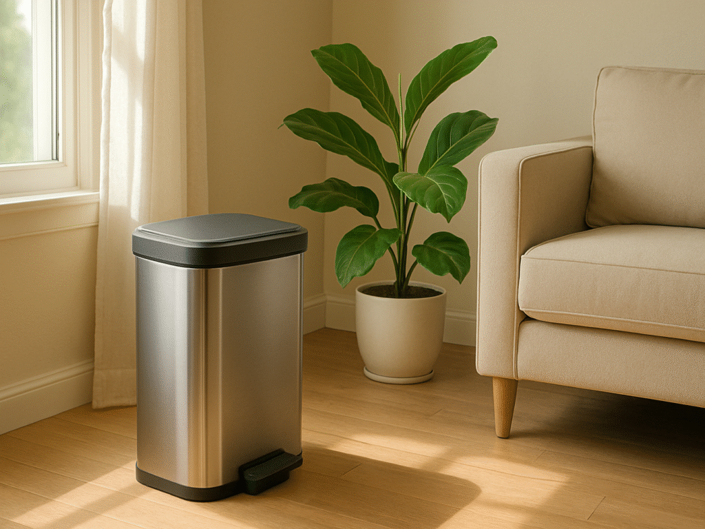 A tidy home interior with a closed trash bin, subtle signs of freshness like a nearby plant and open window.

