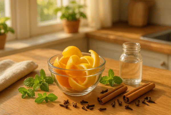 A bowl of citrus peels, cinnamon sticks, and whole cloves on a wooden countertop near a window, with fresh mint leaves scattered around.