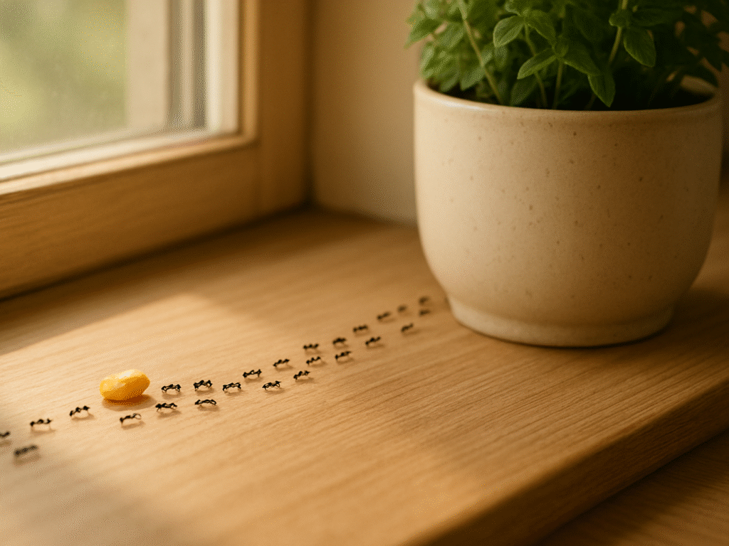 A close-up of tiny ants walking along a kitchen windowsill toward a small crumb near a plant pot.