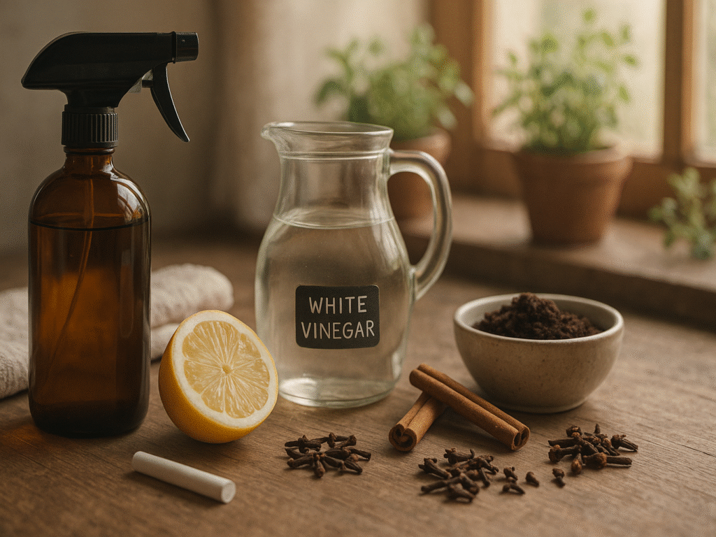 A cozy kitchen scene with simple household items like vinegar, lemon, dish soap, cinnamon sticks, and cloves arranged neatly on a wooden tray beside a window.