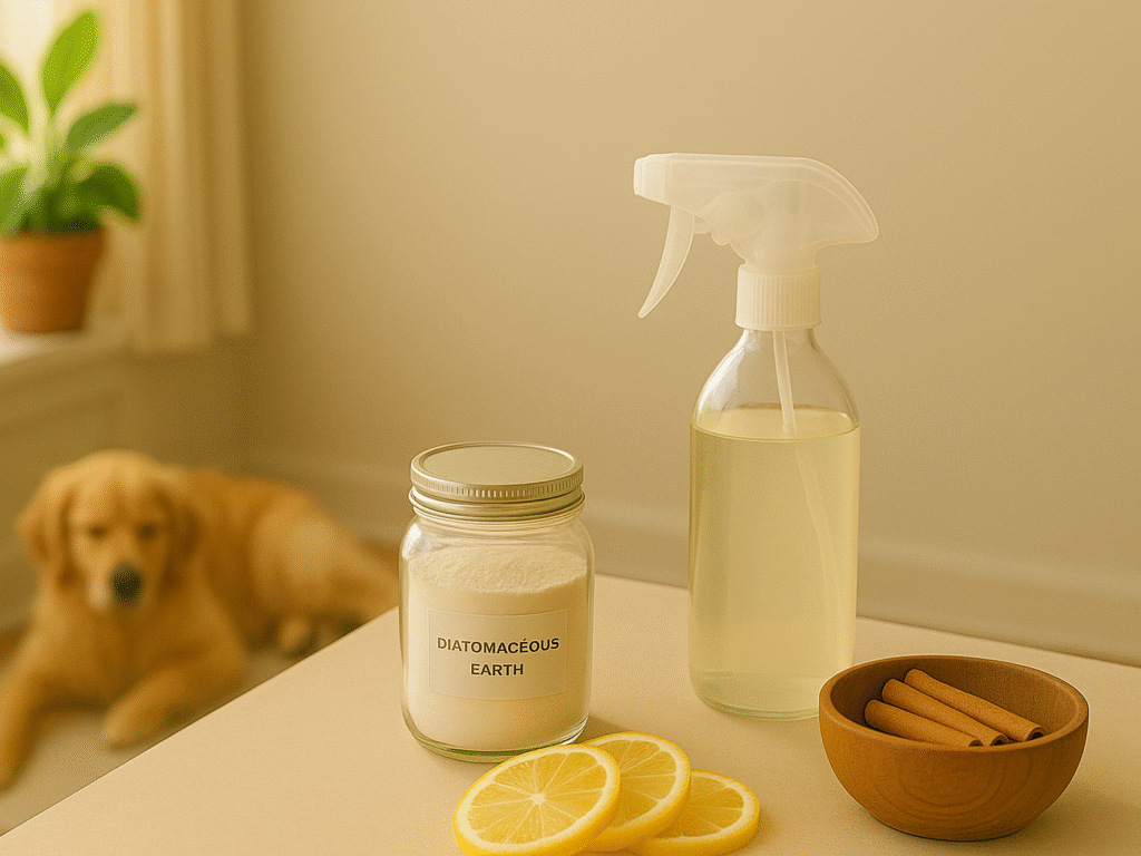 Natural pest control items on a sunlit table with a relaxed dog in the background near a window.