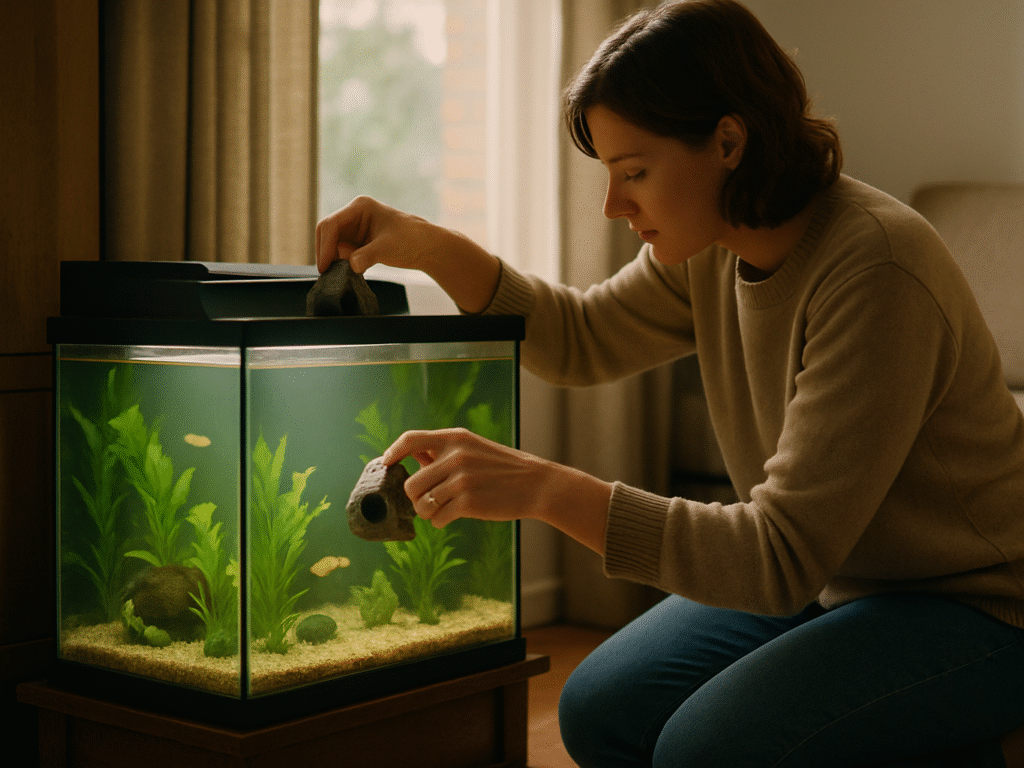 A person inspecting a fish tank closely, checking the water and decorations for signs of buildup.

