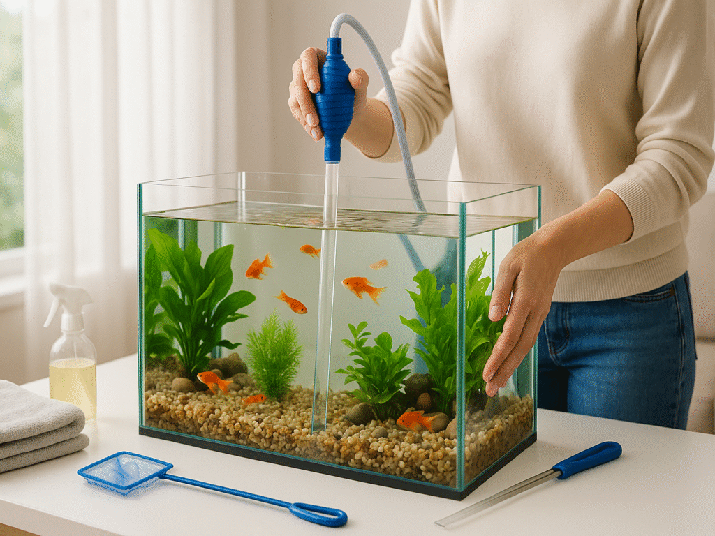 Someone carefully cleaning a fish tank with an aquarium vacuum, while fish swim around calmly.

