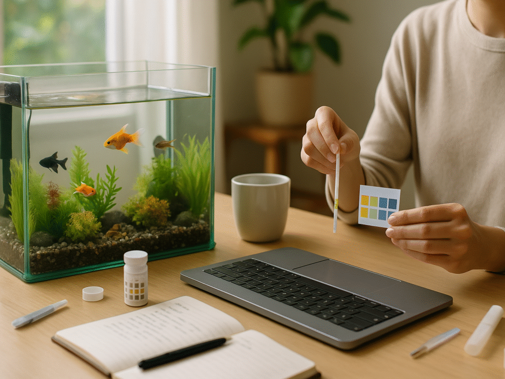 A person testing aquarium water with a small test kit beside a clean, clear fish tank.

